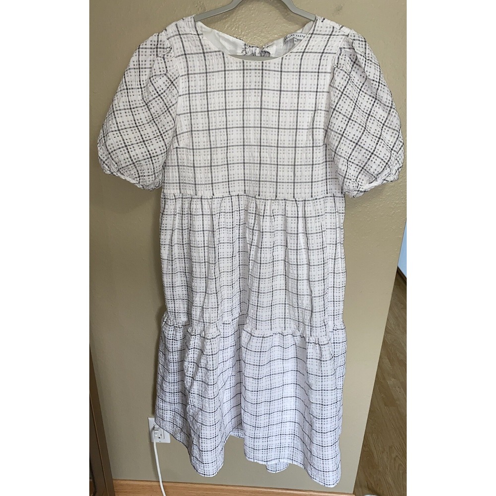 English Factory Dress Womens White Gray Plaid Midi Tiered Cottage Large Lined